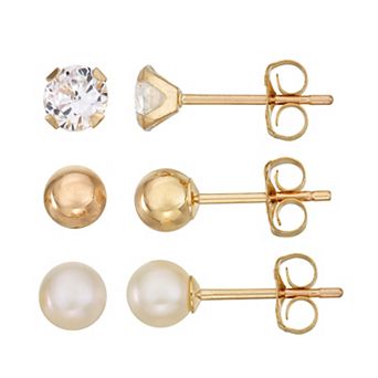 Taylor Grace 10k Gold Ball, Cubic Zirconia & Freshwater Cultured Pearl Stud Earring Set