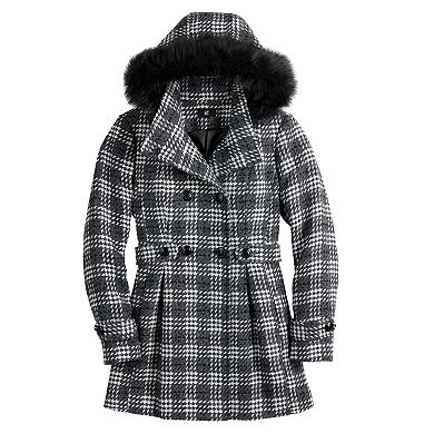Juniors' IZ Byer Plaid Faux-Fur Hood Double-Breasted Coat