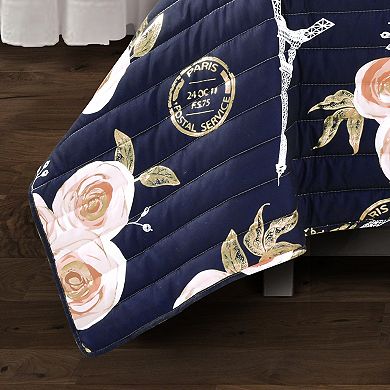 Lush Decor Vintage Paris Rose Butterfly Script Quilt Set with Coordinating Pillows