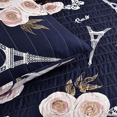 Lush Decor Vintage Paris Rose Butterfly Script Quilt Set with Coordinating Pillows