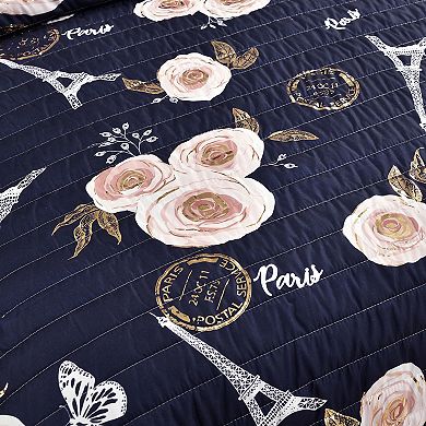 Lush Decor Vintage Paris Rose Butterfly Script Quilt Set with Coordinating Pillows