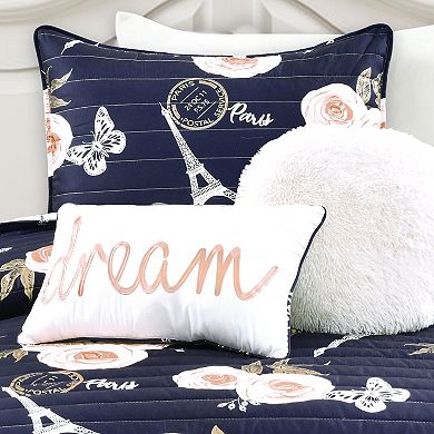 Lush Decor Vintage Paris Rose Butterfly Script Quilt Set with Coordinating Pillows