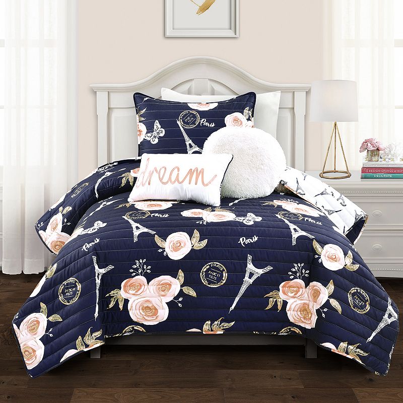 Lush Decor Vintage Paris Quilt Set, Blue, Twin