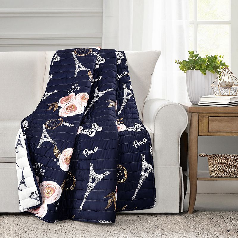 Lush Decor Vintage Paris Rose Butterfly Script Throw, Blue