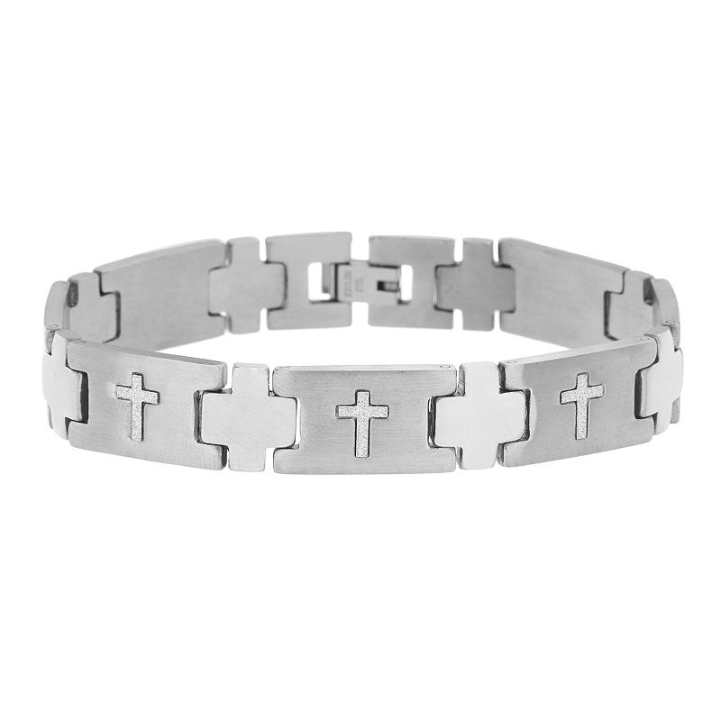 Mens 1913 Stainless Steel Bracelet with Glitter Crosses, Size: 8.5
