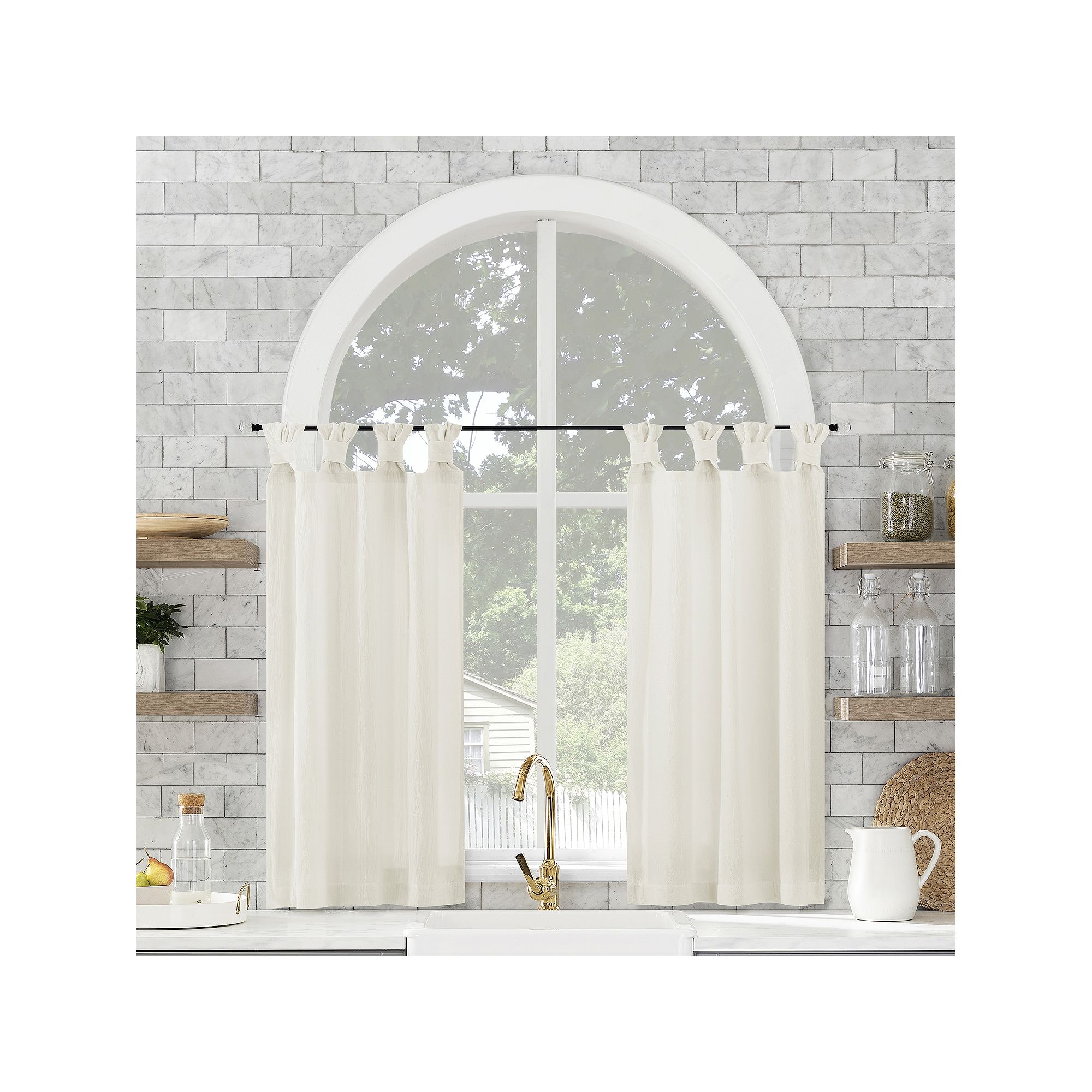 Archaeo Washed Cotton Semi-Sheer Tab Top Kitchen Tiers Set, Ivory