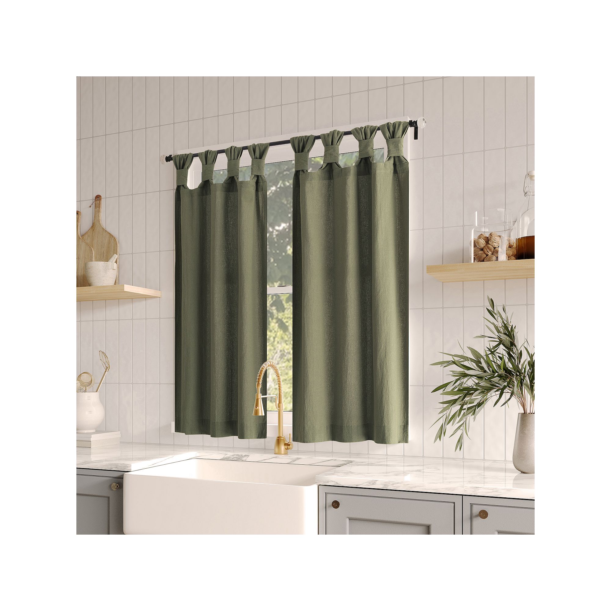 Archaeo Washed Cotton Semi-Sheer Tab Top Kitchen Tiers Set, Moss Green