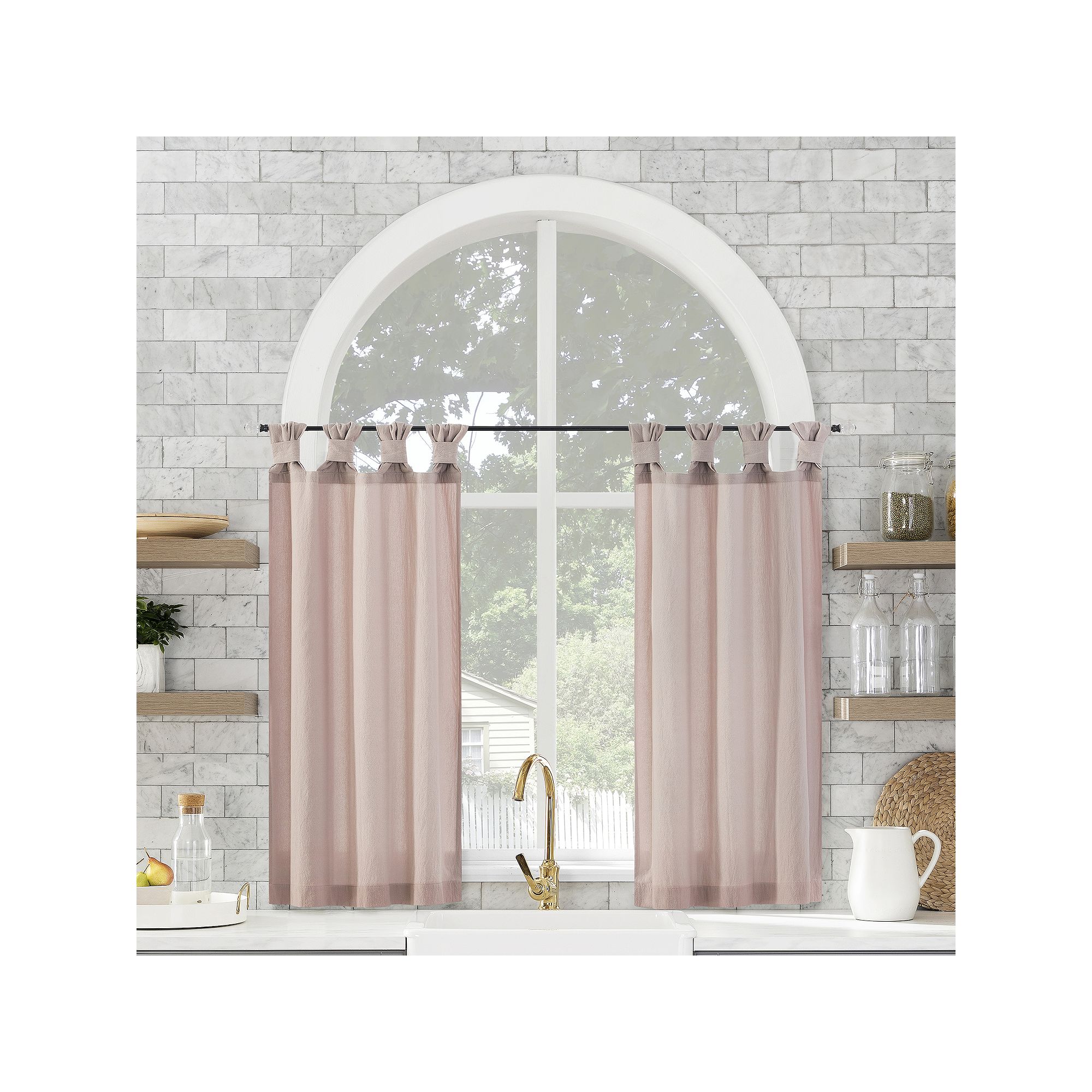 Archaeo Washed Cotton Semi-Sheer Tab Top Kitchen Tiers Set, Pink Quartz