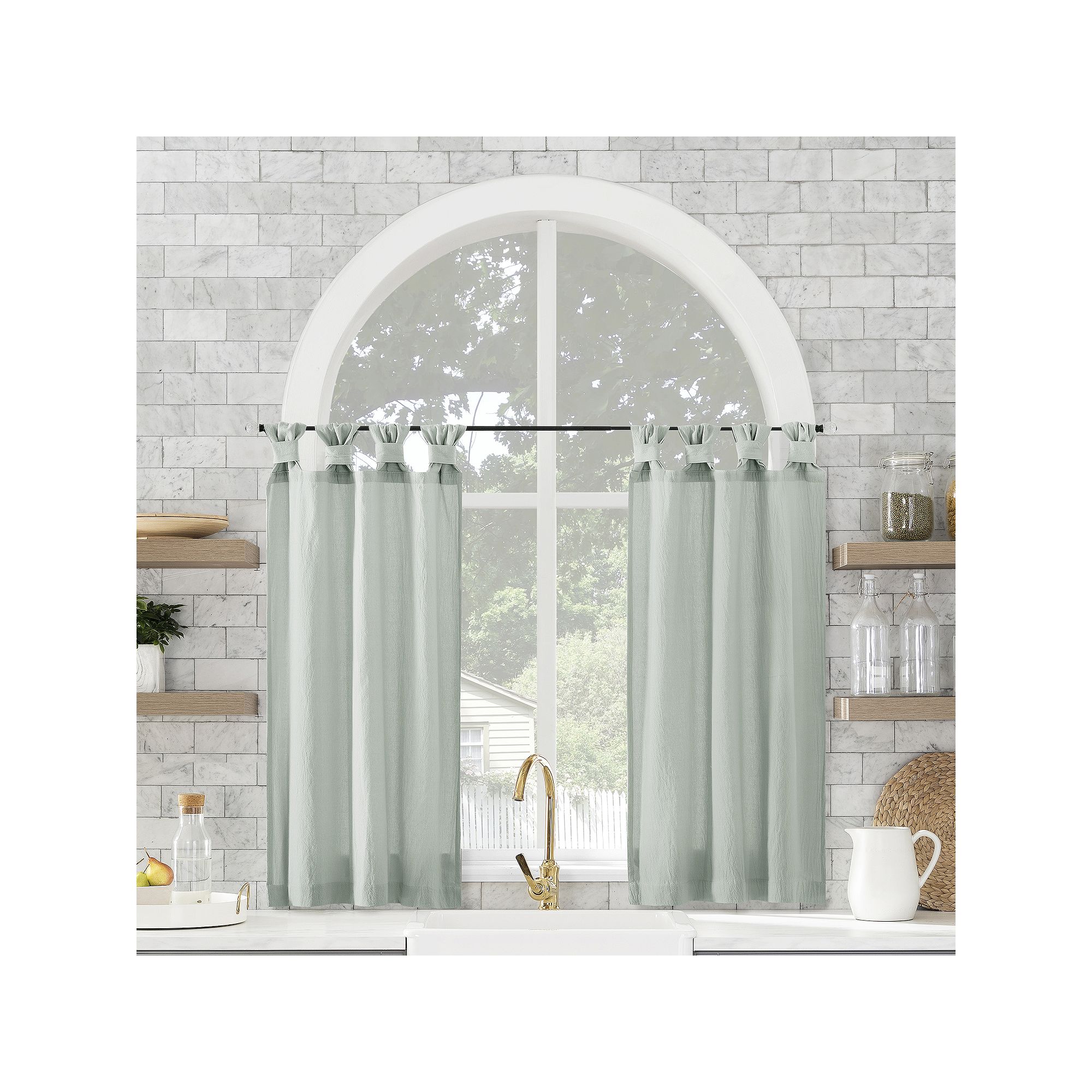 Archaeo Washed Cotton Semi-Sheer Tab Top Kitchen Tiers Set, Seafoam Green