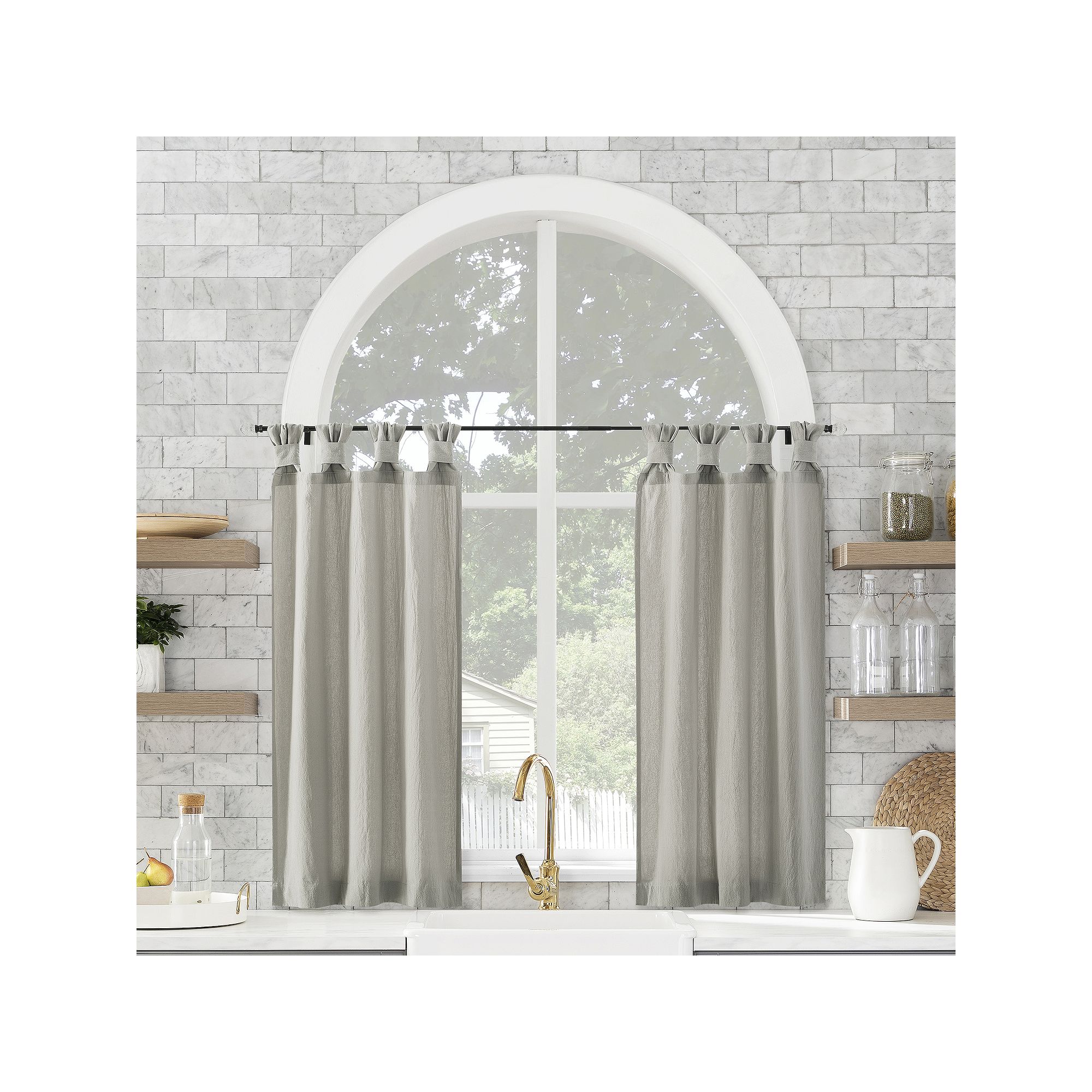 Archaeo Washed Cotton Semi-Sheer Tab Top Kitchen Tiers Set, Silver Gray