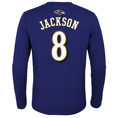 Youth Lamar Jackson Purple Baltimore Ravens Mainliner Name & Number Long Sleeve T-Shirt