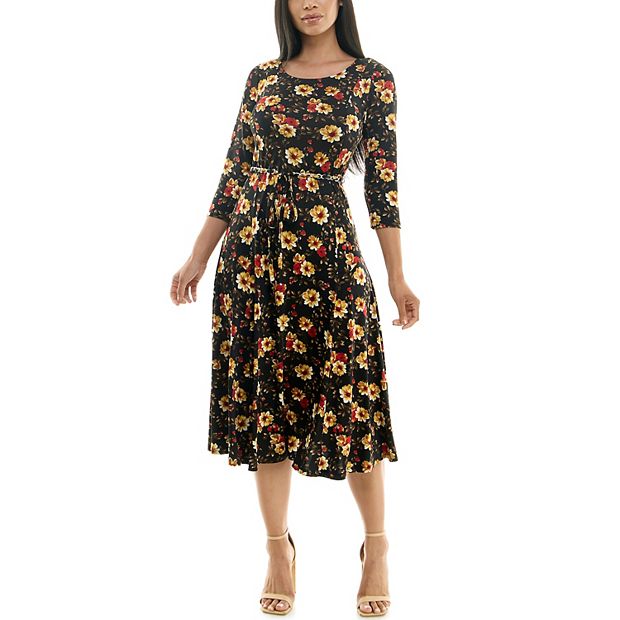 Women's Nina Leonard Patchwork-Print Midi Dress, Size: Small, Black Rust Gold
