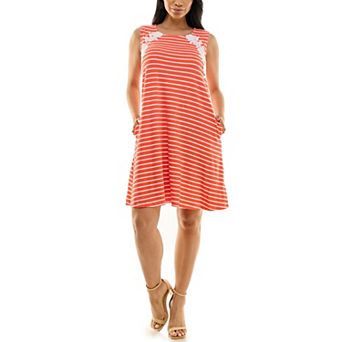 Women's Nina Leonard Striped Lace-Trim Swing Dress