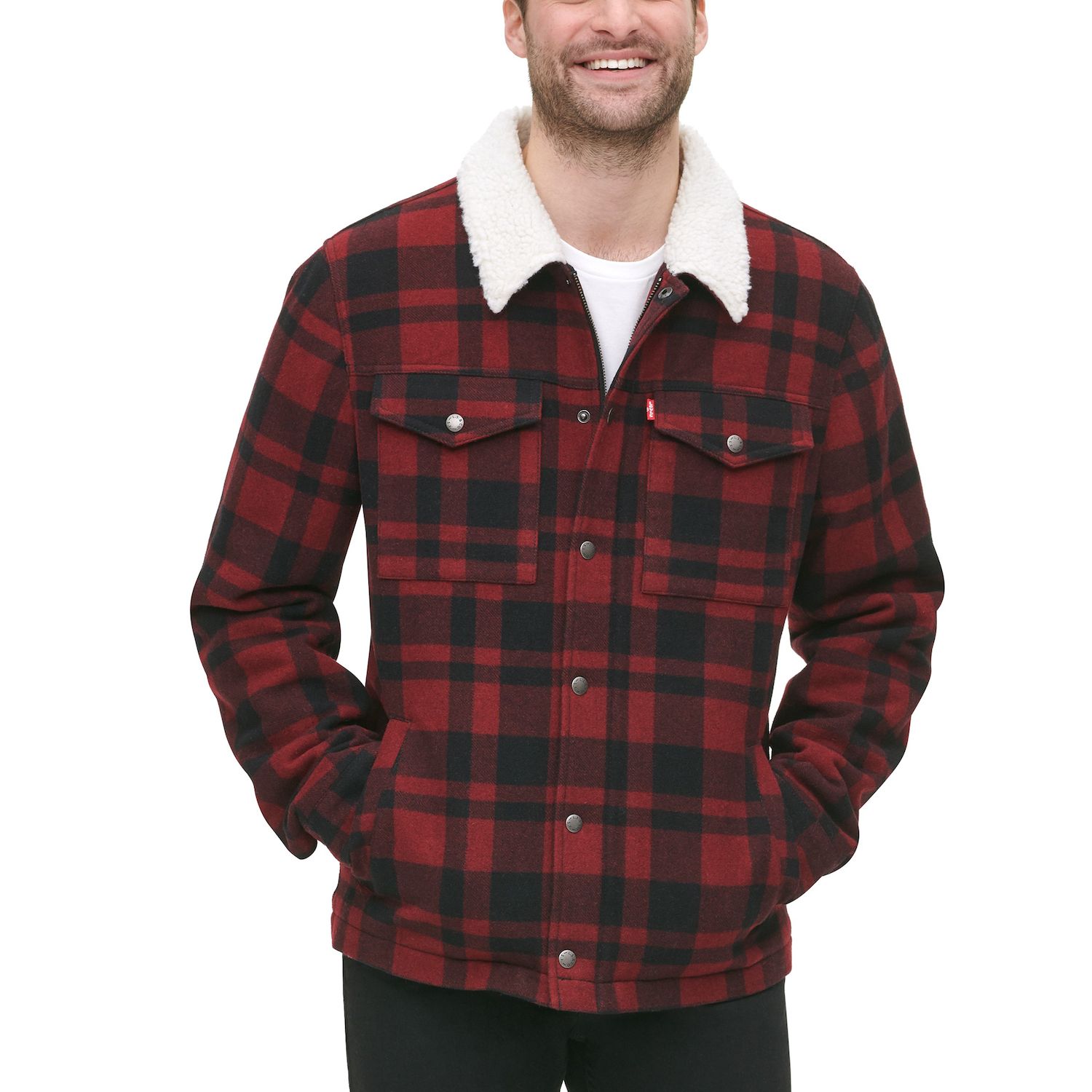 plaid faux shearling lined wool blend trucker jacket