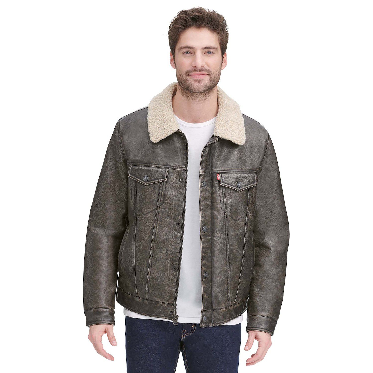 sherpa collar leather jacket