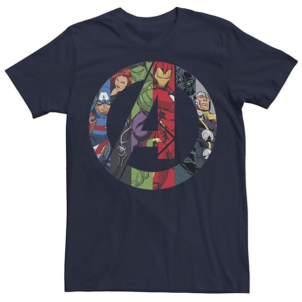 Men s Marvel Avengers Group Shot Comic Fill Logo Tee