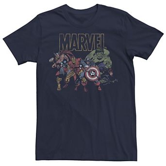 Men's Marvel Avengers Group Action Pose Distressed Logo Outline Tee