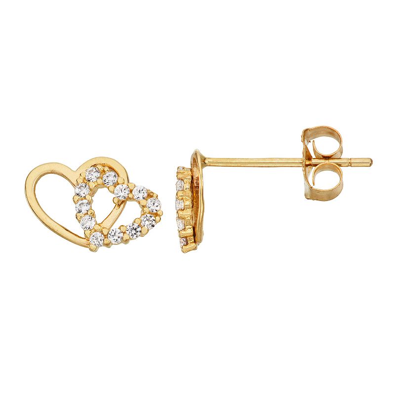 Forever Radiant 10k Gold Double Heart Cubic Zirconia Earrings, Womens, Whi