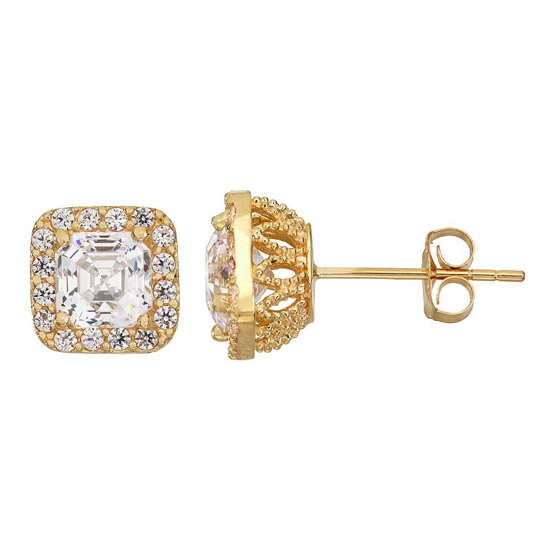 Forever Radiant 10k Gold Ascher Cut Cubic Zirconia Halo Earrings, Womens, 