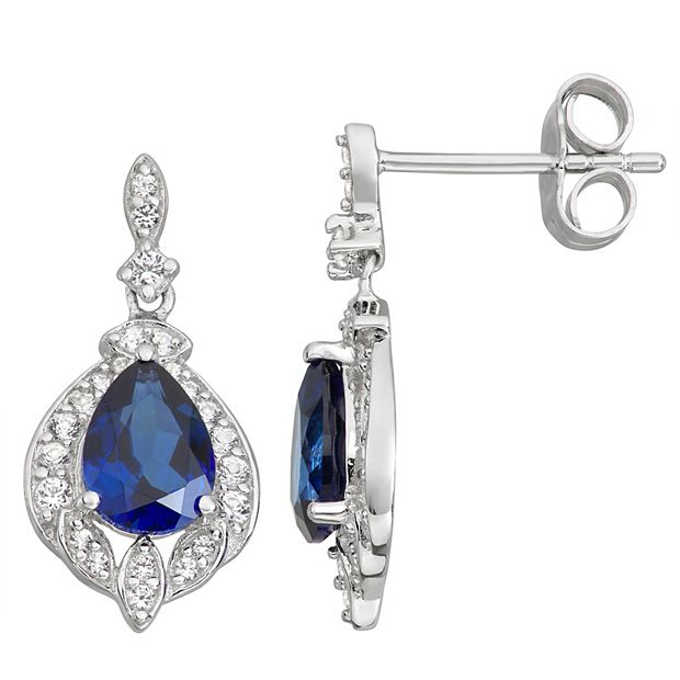 Sterling Silver Lab Created Blue White Sapphire Drop Earrings