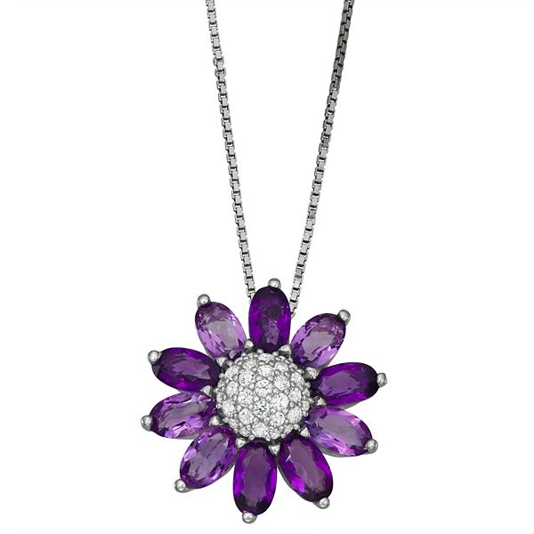 Sterling Silver Amethyst & Lab-Created White Sapphire Flower Pendant ...