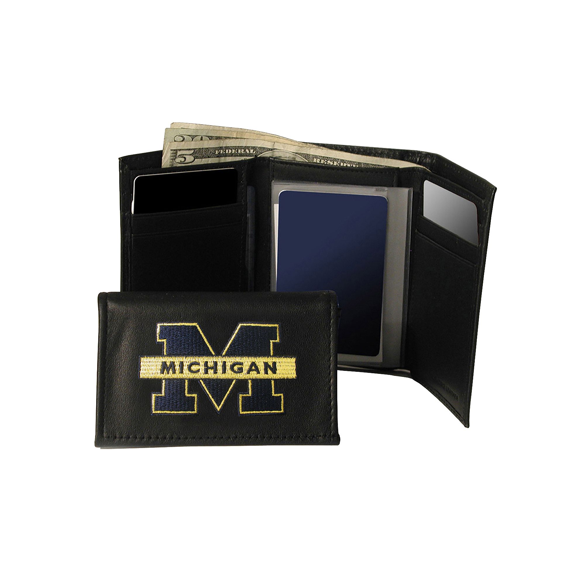 University of Michigan Wolverines Trifold Leather Wallet, Blue