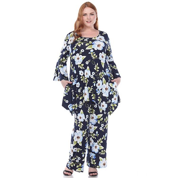 Plus Size White Mark Floral Bell Sleeve Tunic and Pant Set