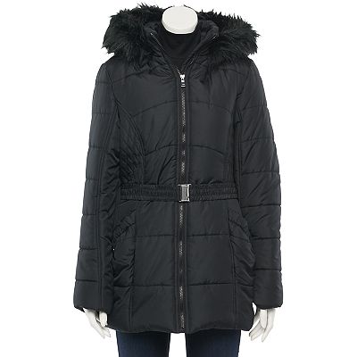 Women s Larry Levine Faux Fur Hood Belted Puffer Coat