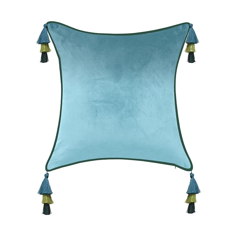 Edie@Home Velvet Reversible Tassel Decorative Pillow, Turquoise/Blue, 19X19