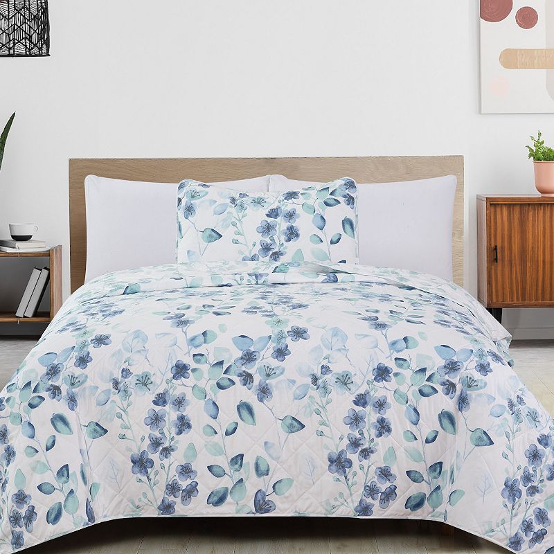 Great Bay Home Miranda Watercolor Leaves Quilt and Sham Set, Blue, King