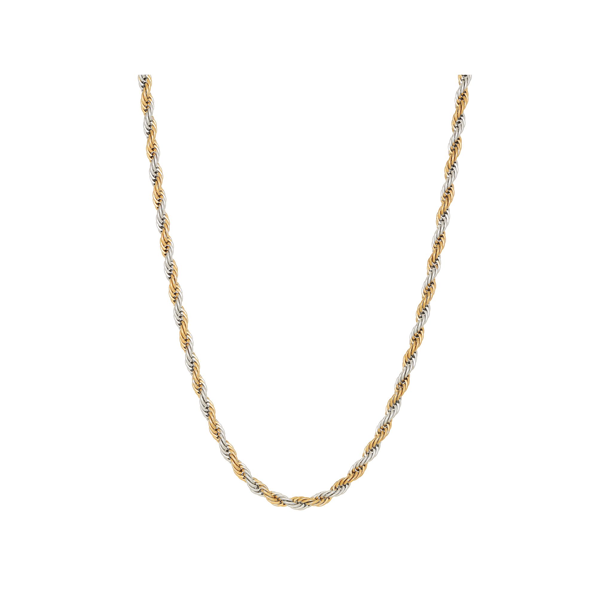 Mens LYNX Stainless Steel Rope Chain Necklace, Size: 24, Two Tone