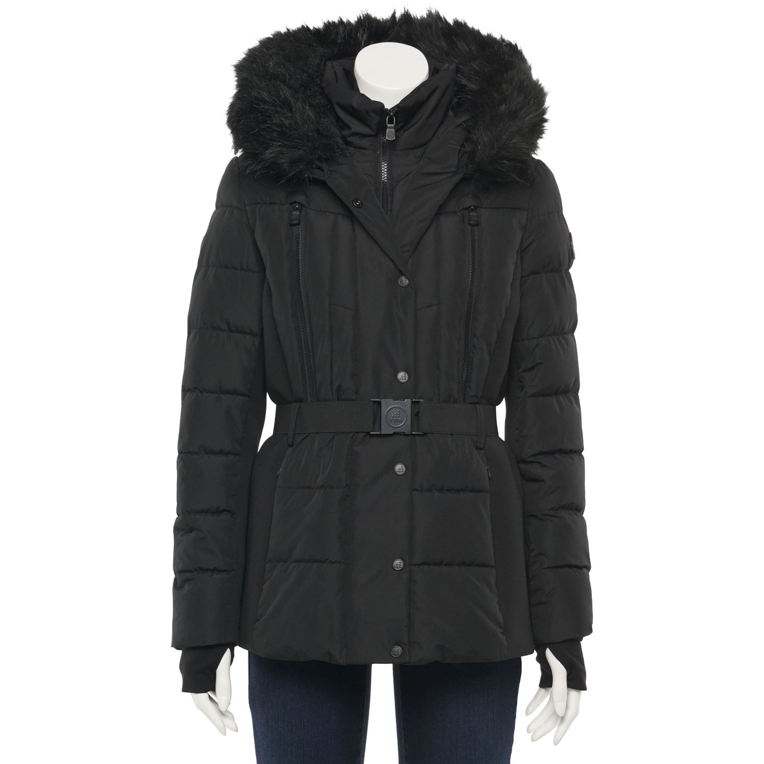 white faux fur hood belted puffer jacket