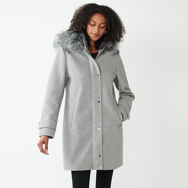 Faux Fur Hood Wool Blend Duffel Coat, Gray Wool Women S Coat With Hood