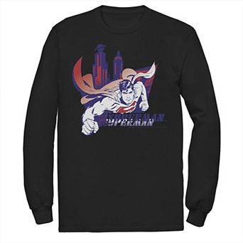 Men's DC Comics Superman Daily Planet Skyline Flying Poster Long Sleeve Graphic Tee