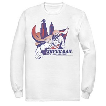 Men's DC Comics Superman Daily Planet Skyline Flying Poster Long Sleeve Graphic Tee