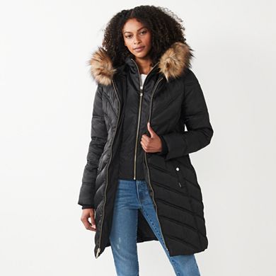 Women's Nine West Faux-Fur Hood Bib Chevron Puffer Coat