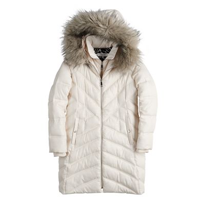 Women's Nine West Faux-Fur Hood Bib Chevron Puffer Coat
