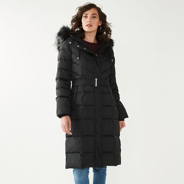 Nine West Faux Fur Hood Maxi Puffer Coat, Black Faux Fur Long Puffer Coat