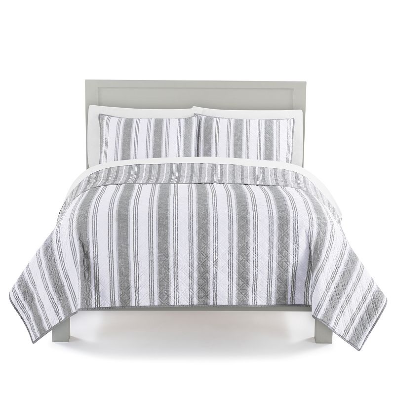 The Big One Reversible Stripes + Plaids Quilt and Sham Set, White, King