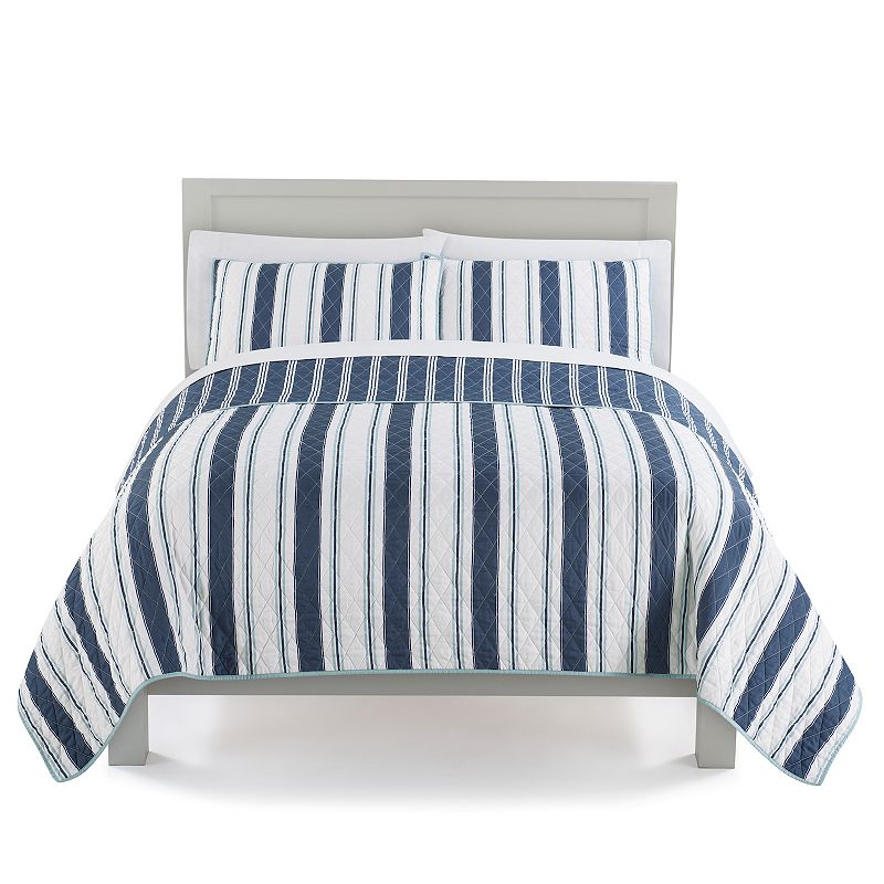 The Big One Reversible Stripes + Plaids Quilt and Sham Set, White, King