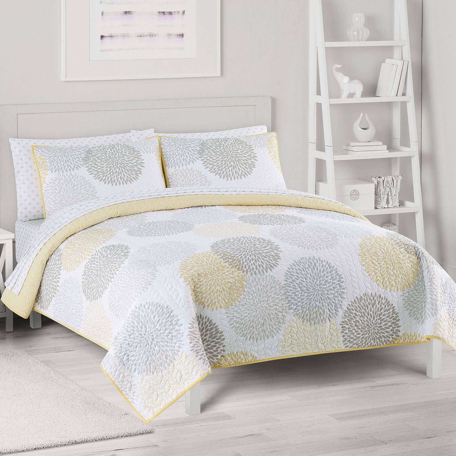 grey and yellow coverlet