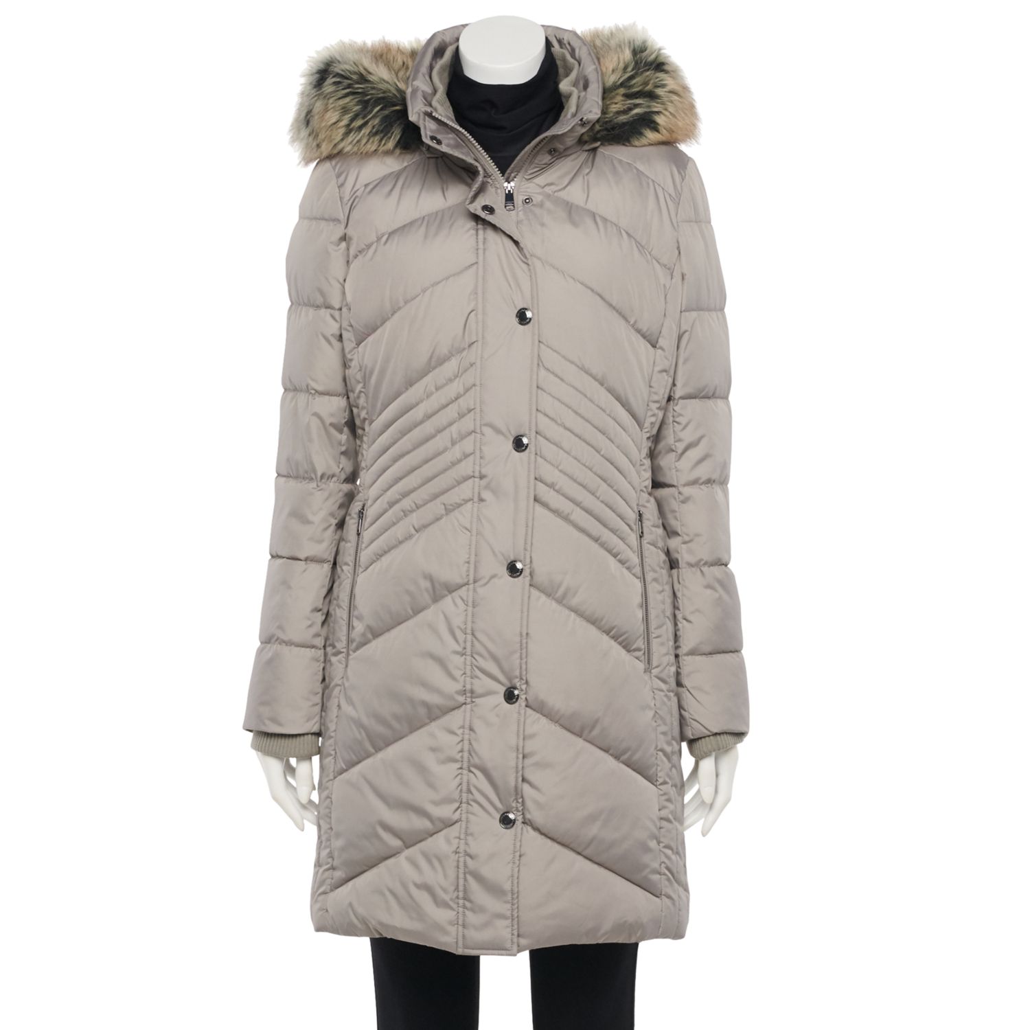 white puffer coat with fur hood