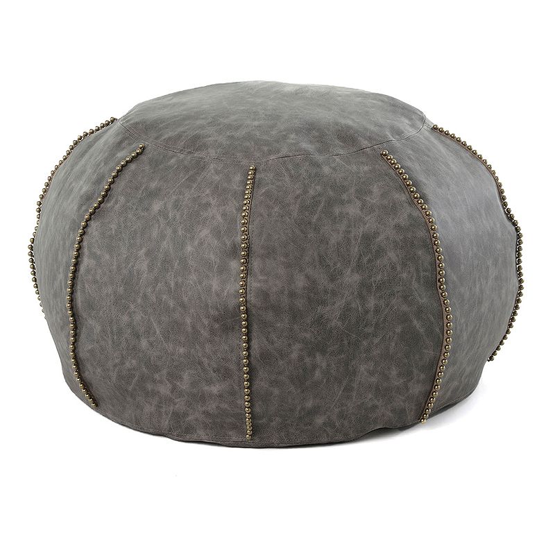 Gold Medal Luxe Faux Leather Beaded Ottoman, Grey