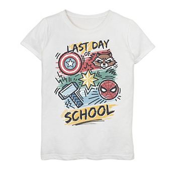 Girls 7-16 Marvel Group Shot Logos Last Day Of School Text Tee