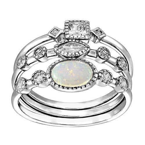 Sterling Silver LabCreated Opal & Cubic Zirconia Stack Ring Set