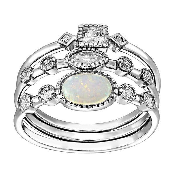 Sterling Silver LabCreated Opal & Cubic Zirconia Stack Ring Set