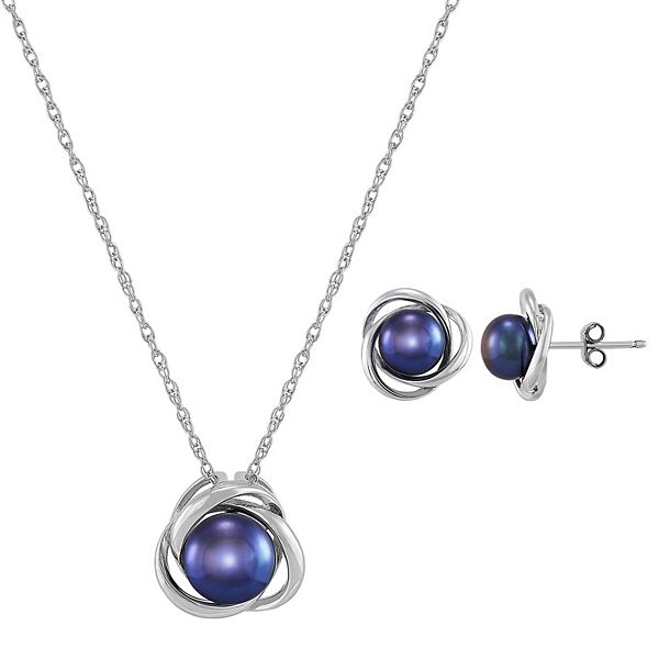 18" Honora Black Freshwater Pearl Pendant & Earrings Set in Sterling Silver 