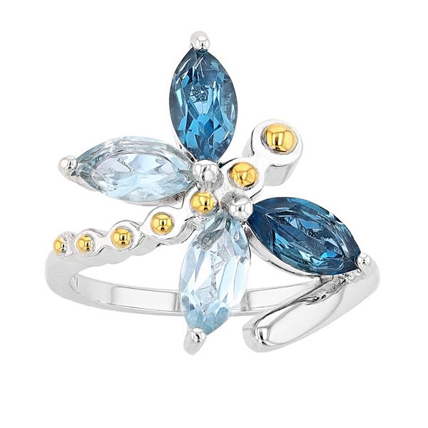 Rosabella Two Tone Sterling Silver Blue Topaz Dragonfly Ring