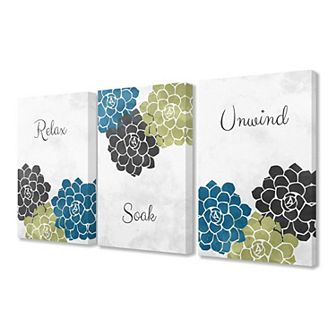 Stupell Industries Relax Soak Unwind Bathroom Flower Word 3 pc Stretched Canvas Art Set by Ziwei Li