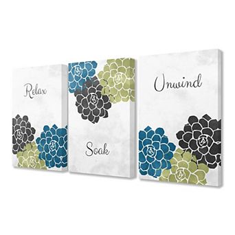 Stupell Industries Relax Soak Unwind Bathroom Flower Word 3 pc Stretched Canvas Art Set by Ziwei Li